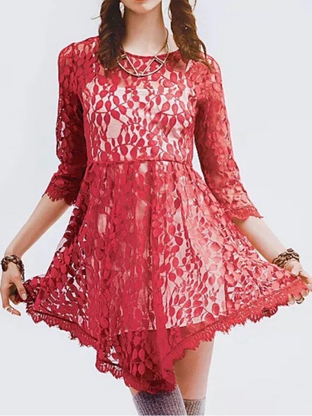 Free People Brick Red Lace Dress NWT Boho Fit Flare festival